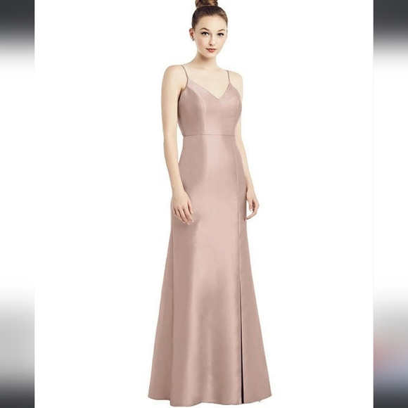 ALFRED SUNG Sz 4 Taupe V Neck Strappy Open-Back Bow Tie Trumpet Dress Gown - Picture 3 of 4